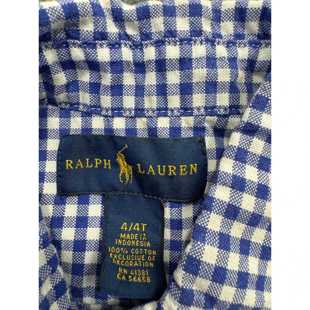 Ralph Lauren Gingham Button Down Shirt Boys 4 4T Blue White Check Long Sleeve